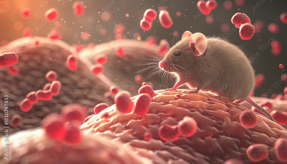 Poster laboratory mouse on a simulated cellular surface with red spheres