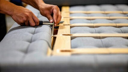 A closeup shot of an employee carefully assembling intricate joints of a modular sofa demonstrating craftsmanship and attention to detail.