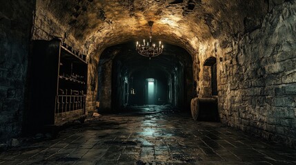 Fototapeta premium Dark, stone corridor, chandelier, distant light.