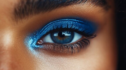 Obraz premium Close-up of a woman's eye with vibrant blue eyeshadow.