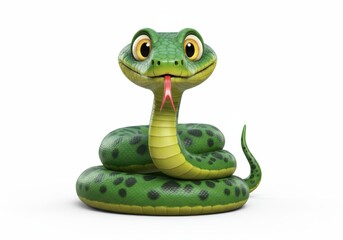 A cartoon snake with a cheerful expression, featuring bright green scales adorned with dark green spots. 