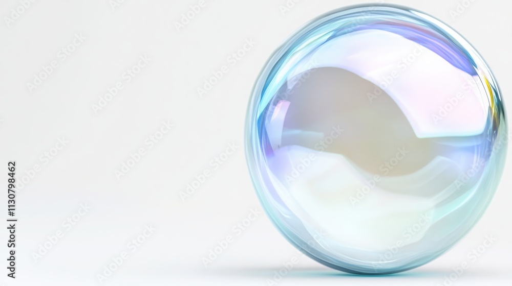 Aufkleber single iridescent soap bubble floats on a white background, reflecting light and creating a colorful