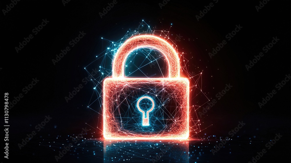 Poster abstract digital lock symbol illustrating cybersecurity and data protection in a modern style.