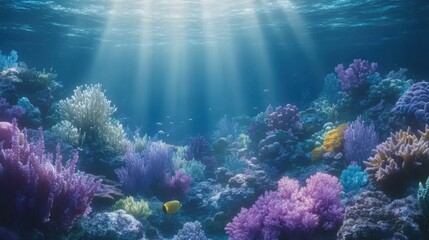 Obraz premium Stunning Underwater Scene with Vibrant Corals and Colorful Fish Beneath Crystal Clear Waters Bathed in Sunlight Rays Illuminating Ocean Floor