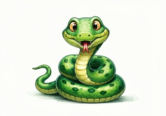 Fototapeta premium A cartoon snake with a cheerful expression, featuring bright green scales adorned with dark green spots. 