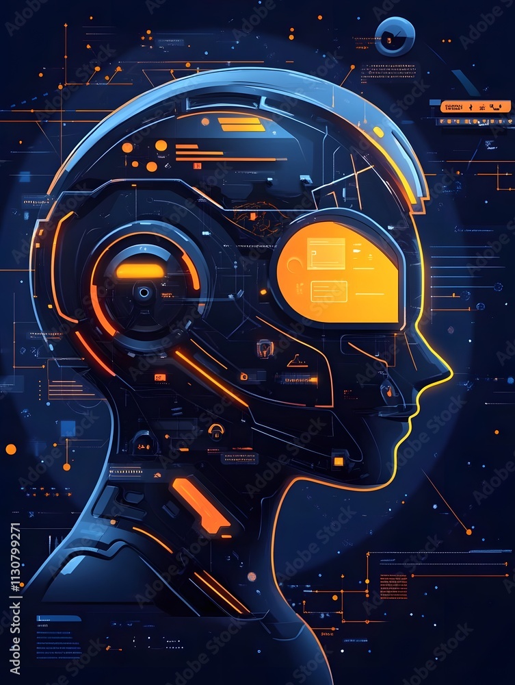 Aufkleber a futuristic robotic head with digital interfaces and glowing elements.