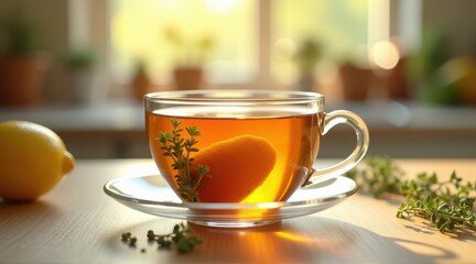 A clear glass cup of herbal tea with lemon and thyme on a sunlit table creates a refreshing and inviting atmosphere