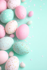 Fototapeta premium Pastel-colored Easter eggs scattered playfully on a mint green surface bring joy and celebrate the holiday spirit
