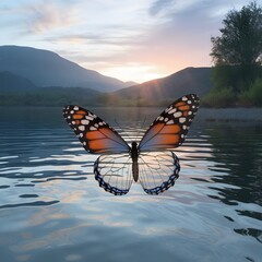 Obraz premium beautiful landscape photograph of a butterfly flying over a body of water. The butterfly is in the center of the image, with its wings spread wide and its body facing towards the right side of the fra
