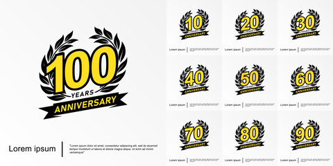 Fototapeta premium Set of 10-100th years anniversary celebration emblem. anniversary logo isolated with laurel wreath and ribbon. vector illustration template design for web, flyers, poster, invitation or greeting card