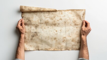 Hands holding old, stained, rolled parchment paper.