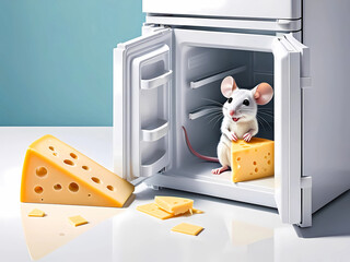 A mouse sits in a refrigerator and eats a piece of cheese, except for which there is nothing else there, humor, joke, funny picture