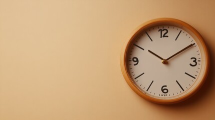A simple and elegant wall clock against a muted background, ideal for designs related to time management, home decor, or minimalism, It adds a touch of sophistication to various projects,