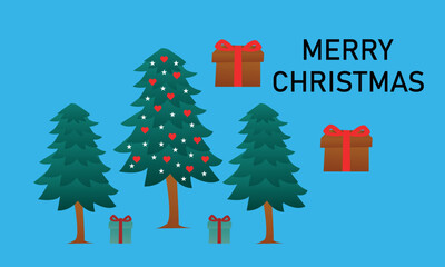 Merry Christmas text with Christmas tree vector illustration in cursive lettering.