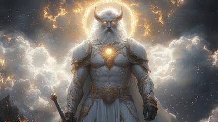 Majestic god-like figure with glowing halo, standing amidst clouds, wielding a sword.