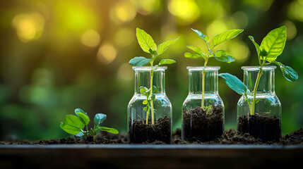 Young Plants Growing In Glass Bottles Outdoors