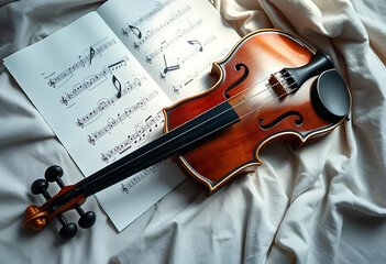 Fototapeta premium Violin and Sheet Music on Fabric