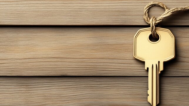 A close-up of a golden key hanging by twine against a textured wooden background, Ideal for themes of security, homeownership, or unlocking potential, Perfect for real estate or personal development,