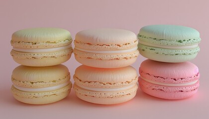 Fototapeta premium Six colorful macarons arranged in a row on a pastel pink background.