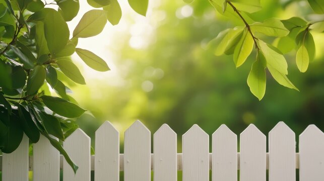 A close-up view of a white picket fence framed by lush green leaves, creating a serene and inviting atmosphere, This image is perfect for themes related to nature, home, or tranquility,