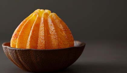A single, roasted orange segment in a wooden bowl, on a dark background.