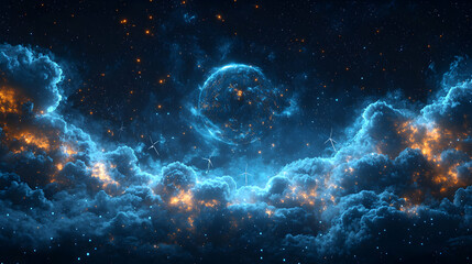Obraz premium Illuminated Earth Amidst Cosmic Clouds and Wind Turbines