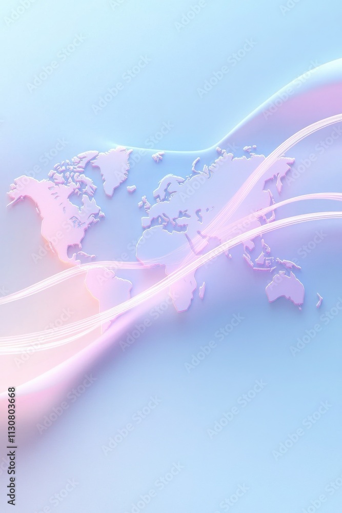 Poster world map with glowing interconnected lines symbolizing global communication and pastel colors