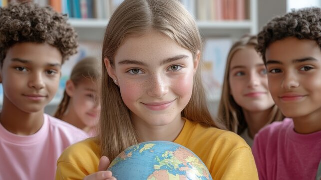 Diverse group of elementary school students holding a globe, emphasizing geography education, cultural awareness, and global citizenship
