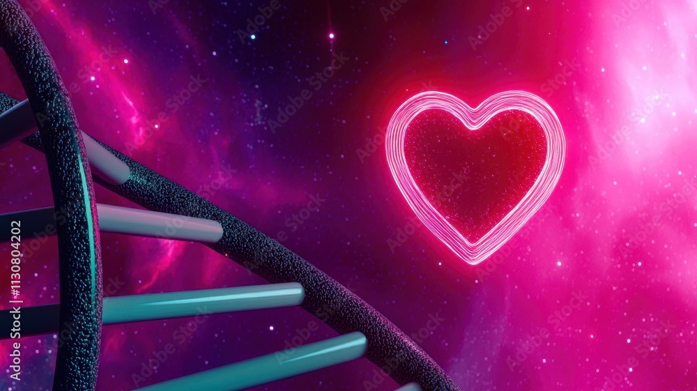 Poster a captivating view of dna with a glowing heart in a colorful cosmic background symbolizing love and 