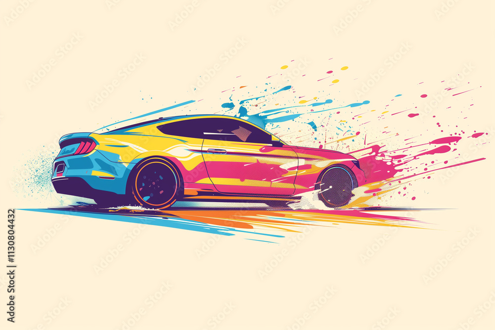 Poster a line art of a car with a splash of vibrant colors contrasting against a simple background.