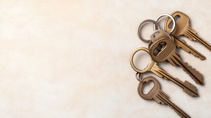 A collection of gold-colored keys arranged on a soft, neutral background, This image can be used for real estate, security, or personal finance themes in blogs, websites, or marketing materials,