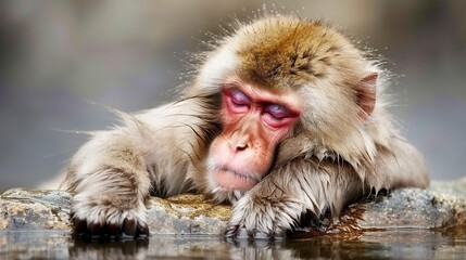 Fototapeta premium Tranquility in the snow: The macaques soaking in the hot springs seem to be enjoying the comfort of the hot springs, and the monkeys' hair is covered with a layer of snow, and its reflection is clearl