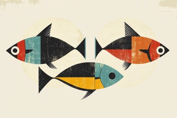 Geometric illustration of three colorful fish in a retro artistic style