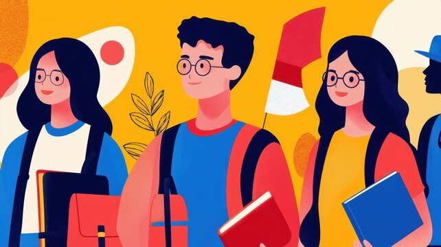 A vibrant college fair with students exploring booths for work-study abroad, flags and cultural symbols enhancing the scene.