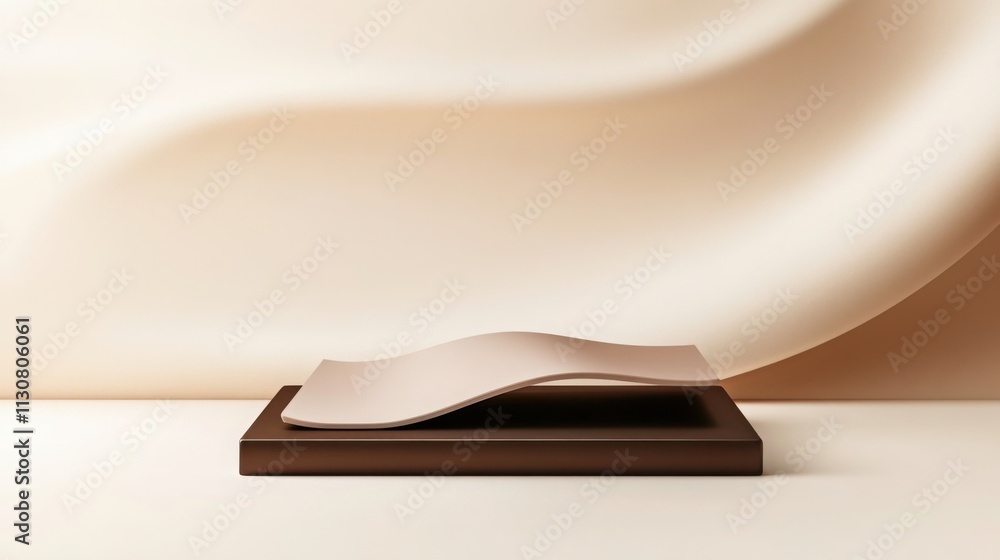 Poster minimalist mocha mousse platform with a wavy surface sits on a brown pedestal against a beige backdr
