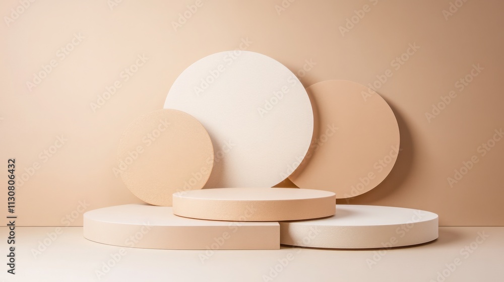 Poster minimalist product display podium with overlapping circles and warm beige tones creating an elegant 
