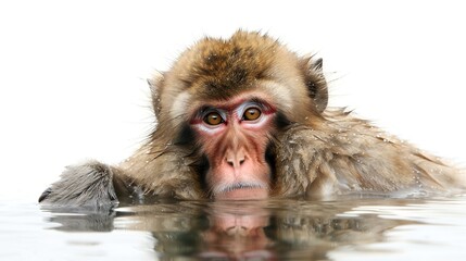 Obraz premium Tranquility in the snow: The macaques soaking in the hot springs seem to be enjoying the comfort of the hot springs, and the monkeys' hair is covered with a layer of snow, and its reflection is clearl