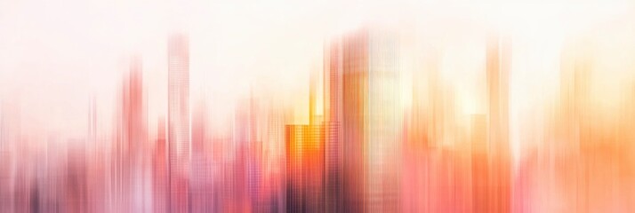 Abstract, blurred shapes of windows, buildings, and skyscrapers, with a light orange and pink gradient against a white background.