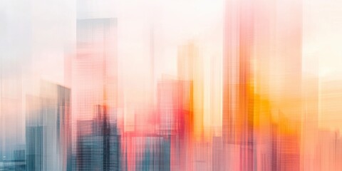 Abstract, blurred shapes of windows, buildings, and skyscrapers, with a light orange and pink gradient against a white background.