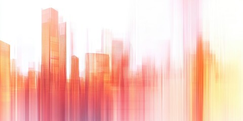 Abstract, blurred shapes of windows, buildings, and skyscrapers, with a light orange and pink gradient against a white background.