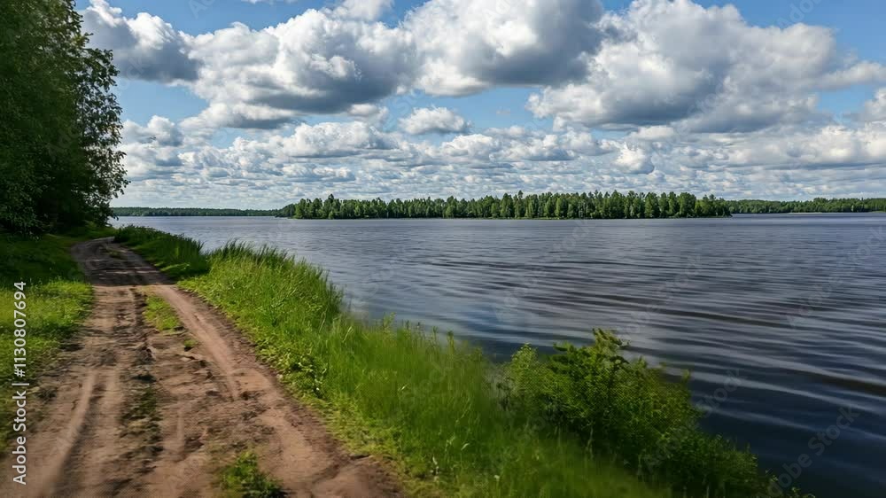 Poster Scenic riverside path under a cloudy sky with lush greenery and calm water in the background during a sunny day