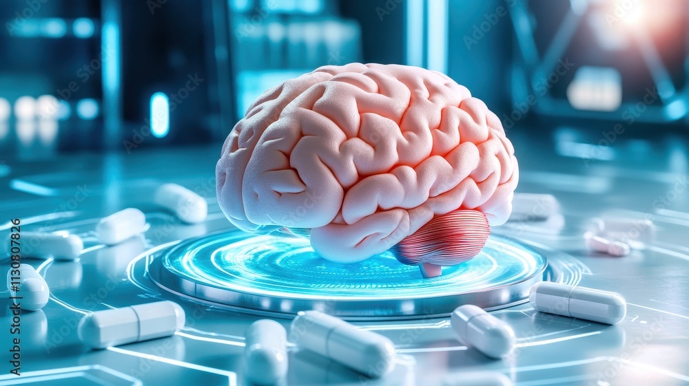 Poster a futuristic digital rendering of a brain surrounded by capsules, representing neuroscience and medi