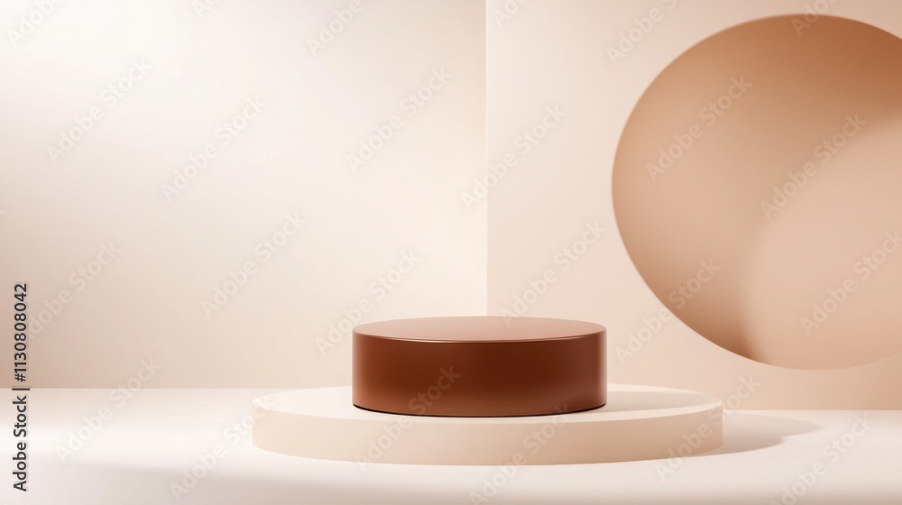 Poster empty brown pedestal for showcasing products on a beige backdrop with a circular cutout, creating a 