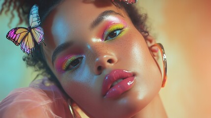 Vibrant Beauty Portrait with Neon Makeup and Butterfly