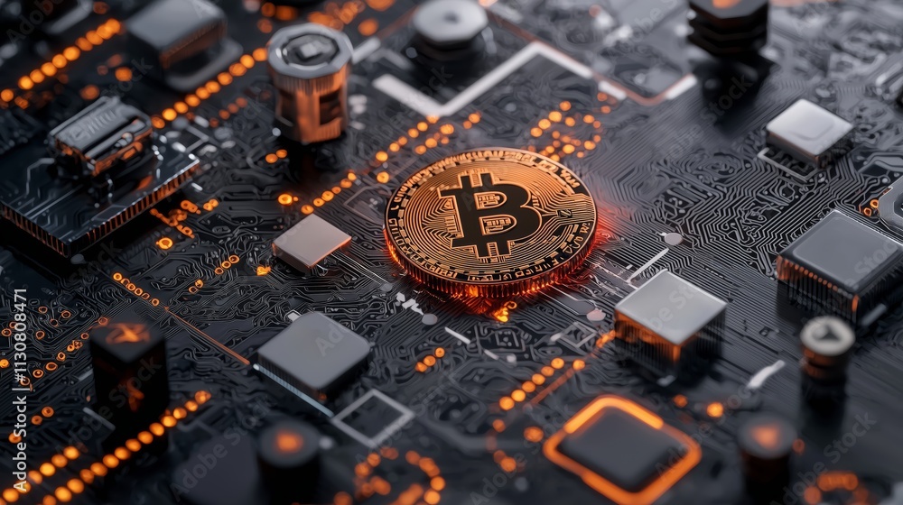 Poster bitcoin coin on circuit board background with digital technology theme