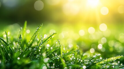 Obraz premium Dew-covered grass at sunrise, close-up.