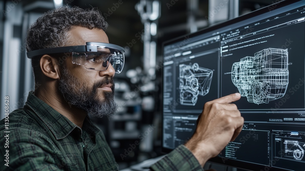 Poster engineer using augmented reality glasses in high-tech workspace