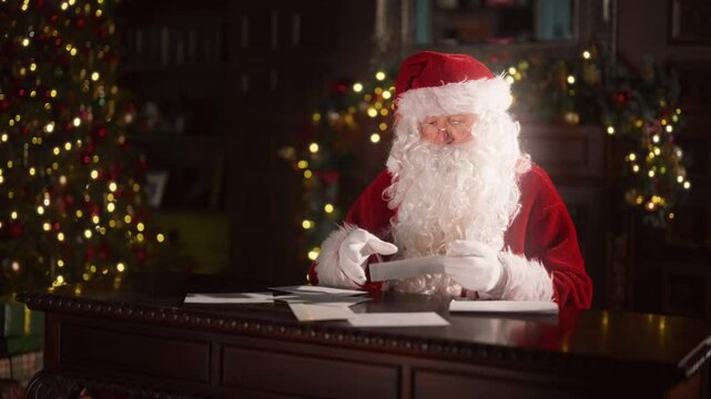 Christmas mail, Santa Claus sorting letters and reading, portrait in Santa office . Fairytale and fabulous dream about kind wizard, enigmatic atmosphere of Santa home, portrait of old man with beard