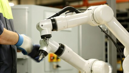 A collaborative robot working side by side with a human operator their tasks synchronized through AI communication demonstrating a harmonious interaction.