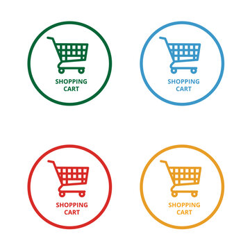 Colored round shpping cart buttons on a white background.